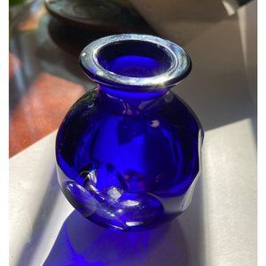 Vintage Small Cyrstal Cobalt Blue Cut to Clear Optic Vase 2 5/8” Tall Gorgeous